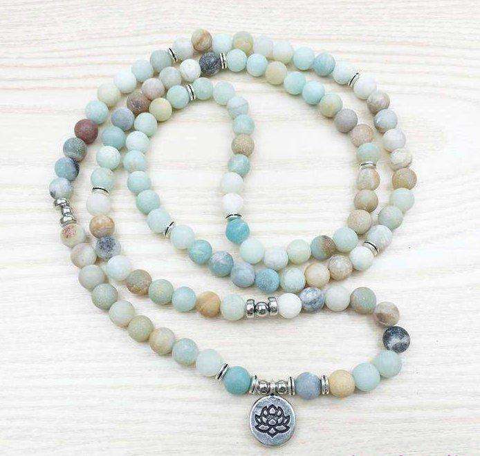 Bracelet Mala 108 perles en amazonite naturelle Lotus - L'univers-karma