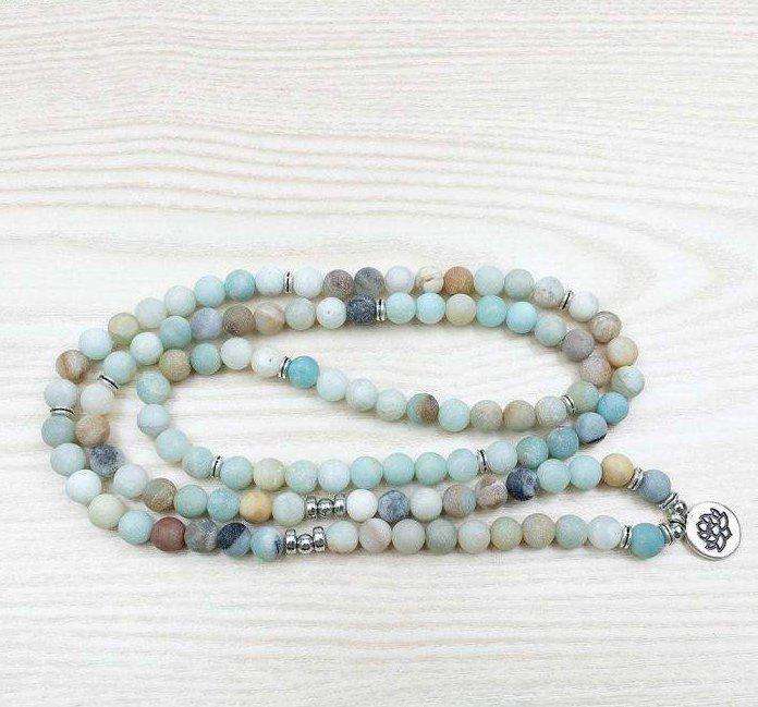 Bracelet Mala 108 perles en amazonite naturelle Lotus - L'univers-karma