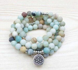 Bracelet Mala 108 perles en amazonite naturelle Lotus - L'univers-karma