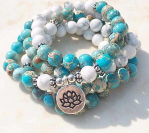 Bracelet Mala 108 Perles Jaspe Océan et Howlite - L'univers-karma